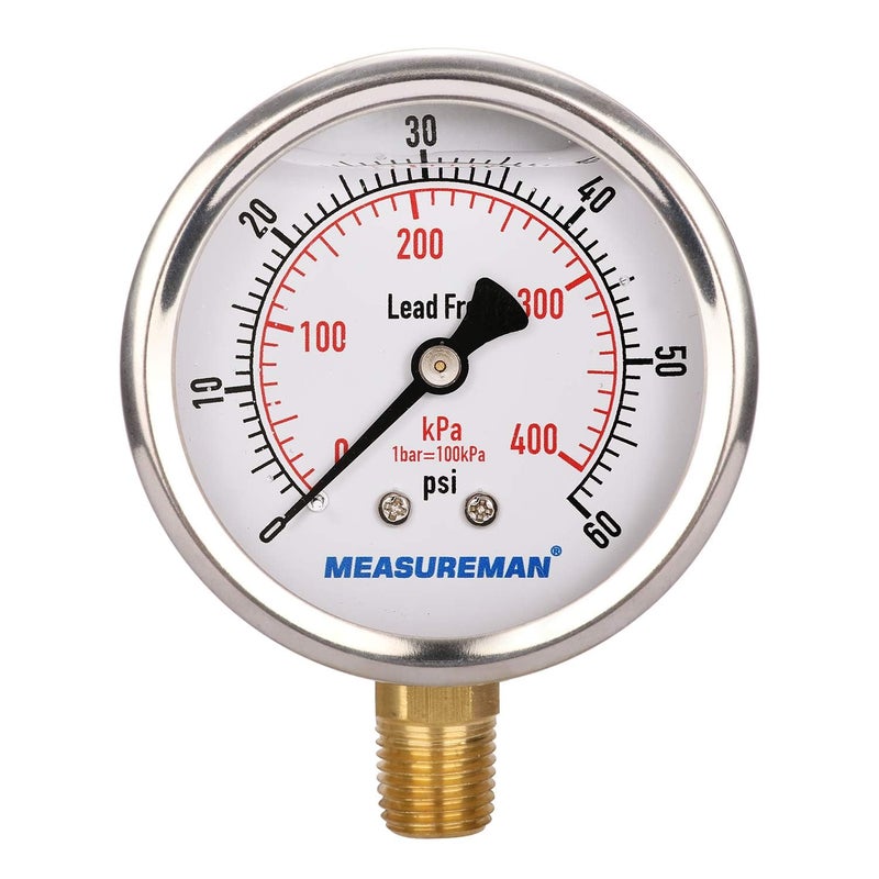 MEASUREMAN مقياس ضغط خالٍ من الرصاص من ميزورمان، قرص 2-1/2 بوصة، مملوء بالجليسرين، نطاق 0-60 رطل لكل بوصة مربعة/كيلو باسكال، غلاف من الفولاذ المقاوم للصدأ، تركيب سفلي 1/4 إنش إن بي تي - Image 1
