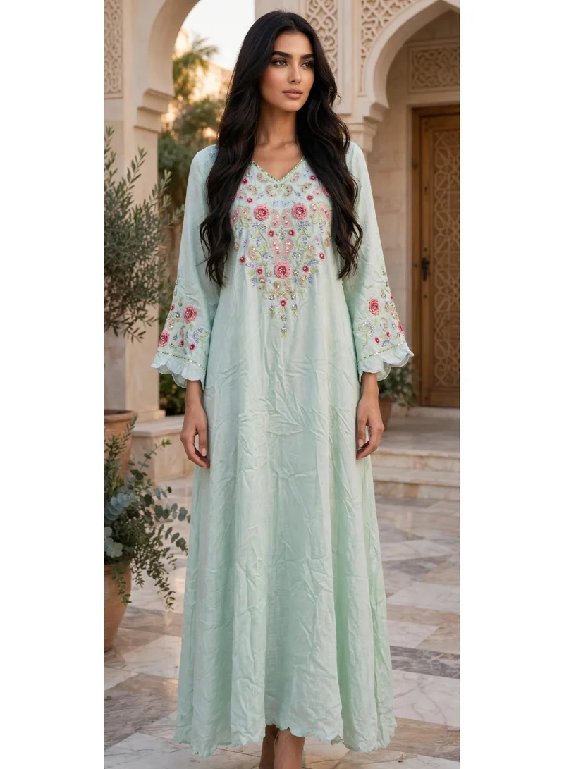 Paisley Embroidered V Neck Jalabiya with Scalloped Sleeves