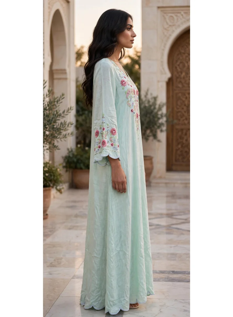 Ikkxa  Paisley Embroidered V Neck Jalabiya with Scalloped Sleeves for Women | Best Price UAE