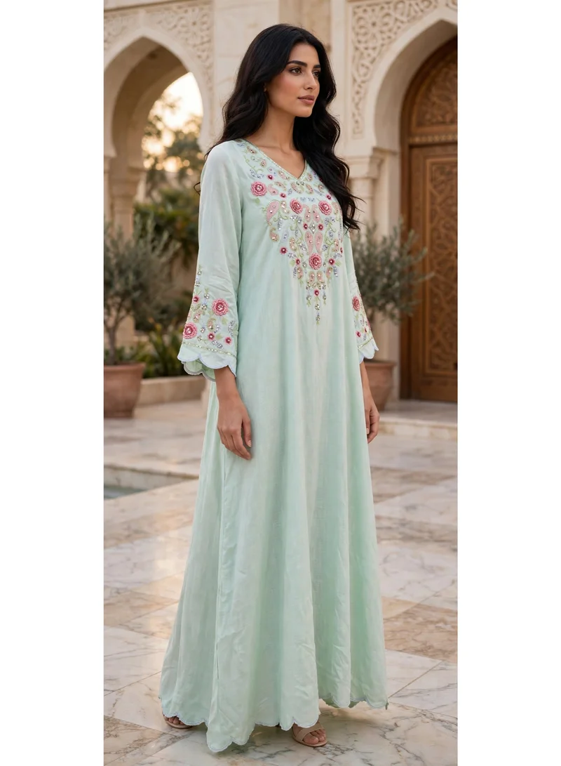 Ikkxa  Paisley Embroidered V Neck Jalabiya with Scalloped Sleeves for Women | Best Price UAE