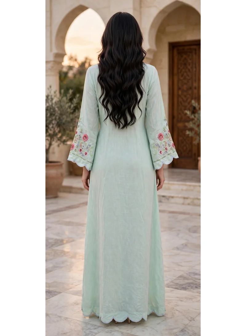 Ikkxa  Paisley Embroidered V Neck Jalabiya with Scalloped Sleeves for Women | Best Price UAE
