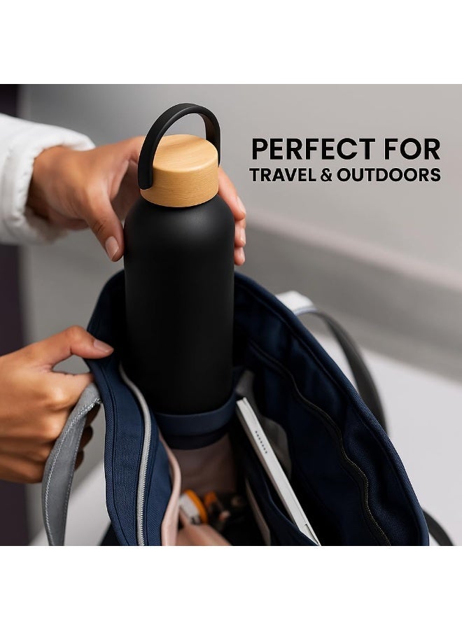 زجاجة مياه من الفولاذ المقاوم للصدأ سعة 750 مل، زجاجات مياه معزولة بجدار مزدوج للمياه الساخنة، زجاجة رياضية من الفولاذ المقاوم للصدأ للأطفال، زجاجة مياه ساخنة مع غطاء وحزام خشبي - Image 3