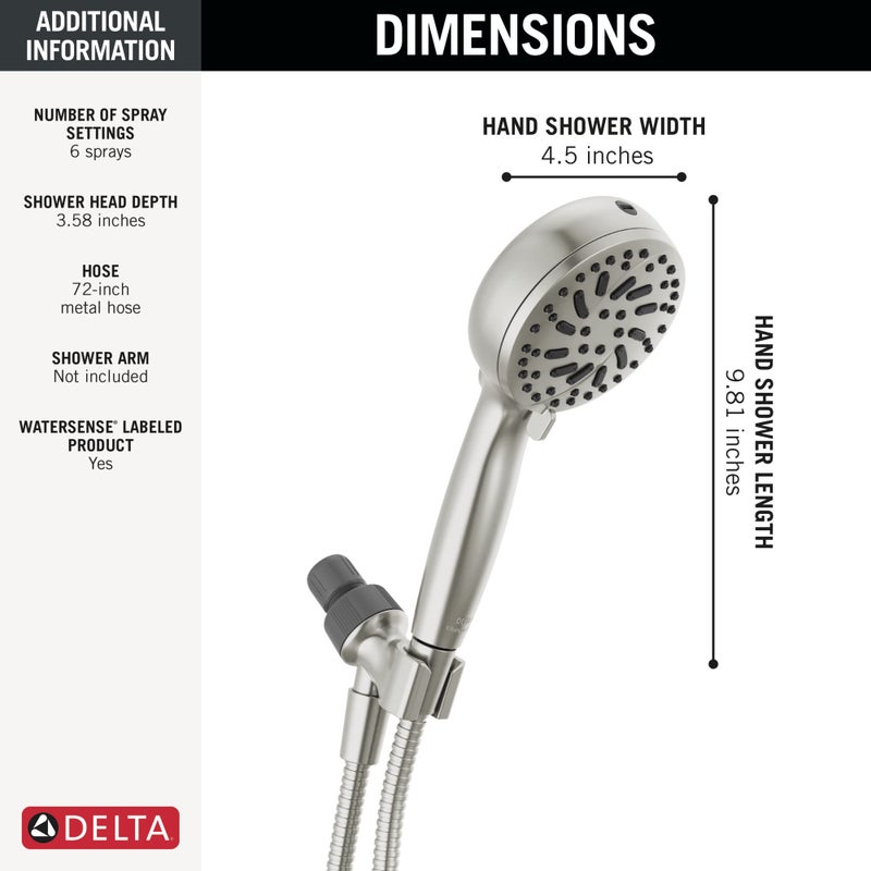 Delta Faucet ProClean Brushed Nickel Shower Head with Handheld, Showerhead with High Pressure Spray, Handheld Shower Head, 6 Spray Settings, SpotShield Brushed Nickel 75740SN - Image 5