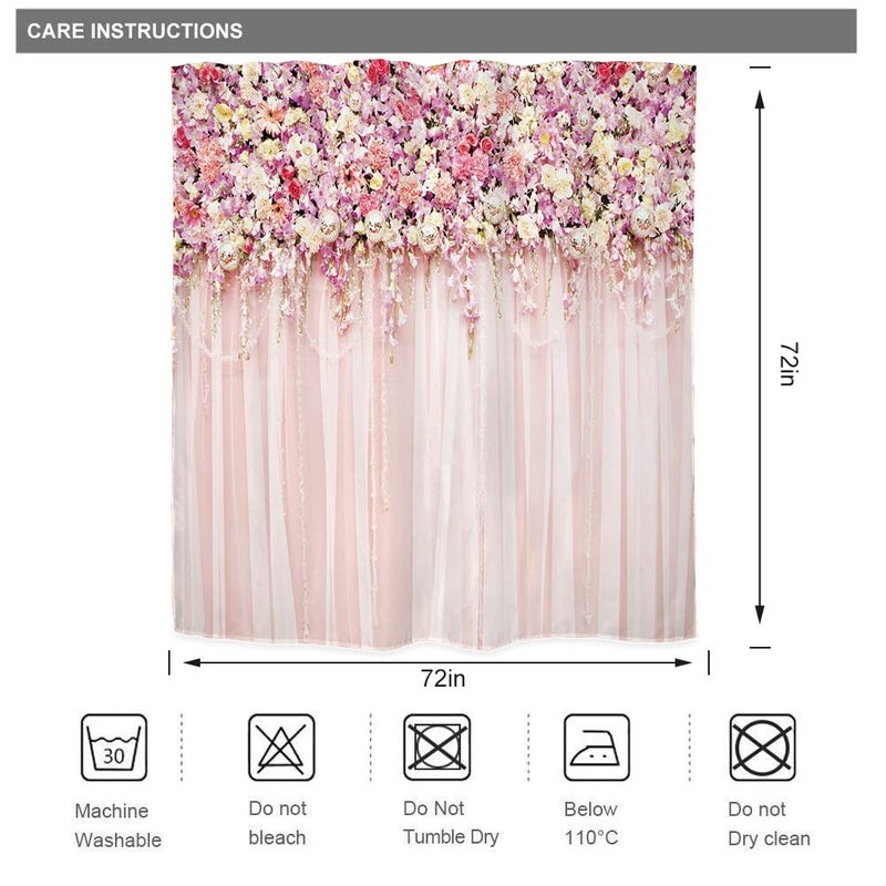 Riyidecor Pink Bridal Floral Shower Curtain for Bathroom 72Wx72H Inch Flower Rose Pattern Bath Set for Woman Girl Spring Nature Bathtub Accessories Fabric Panel Waterproof Plastic 12 Pack Hooks - Image 5
