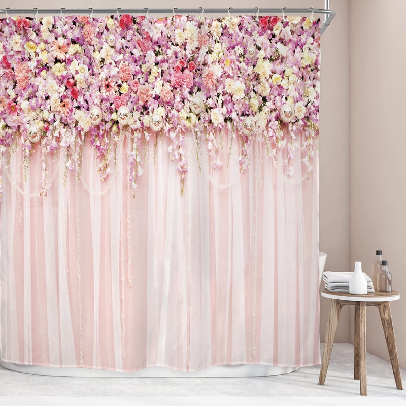 Riyidecor Pink Bridal Floral Shower Curtain for Bathroom 72Wx72H Inch Flower Rose Pattern Bath Set for Woman Girl Spring Nature Bathtub Accessories Fabric Panel Waterproof Plastic 12 Pack Hooks - Image 2