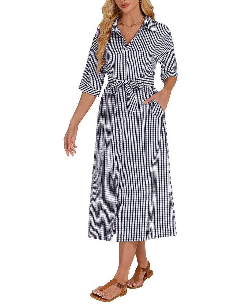 YEXPINE Women's Half Sleeve Plaid Midi Dress Collar V Neck Belted Casual Button Down Long Loose Dress Navy - Image 1