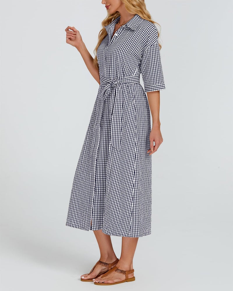 YEXPINE Women's Half Sleeve Plaid Midi Dress Collar V Neck Belted Casual Button Down Long Loose Dress Navy - Image 4