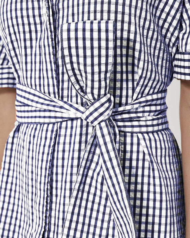 YEXPINE Women's Half Sleeve Plaid Midi Dress Collar V Neck Belted Casual Button Down Long Loose Dress Navy - Image 2