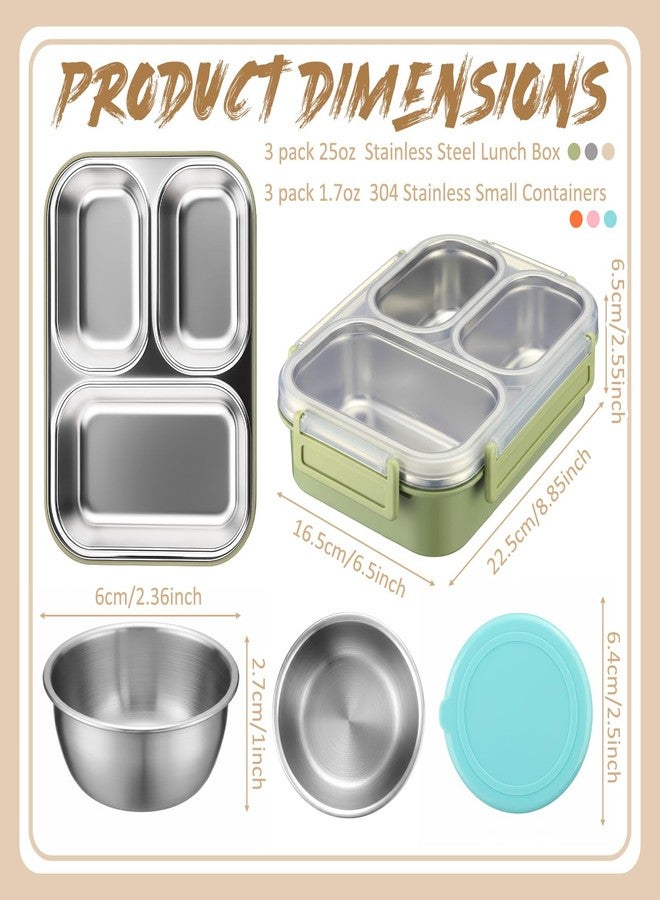Ferrochef 3 Pack Stainless Steel Lunch Boxes 25 oz 3 Compartment Metal Bento Box with 3 Pcs Condiment Containers and Leakproof Lids for Office Outdoor and Gym, Dishwasher Safe - Image 2