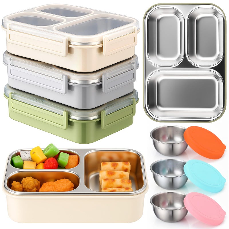 Ferrochef 3 Pack Stainless Steel Lunch Boxes 25 oz 3 Compartment Metal Bento Box with 3 Pcs Condiment Containers and Leakproof Lids for Office Outdoor and Gym, Dishwasher Safe - Image 1