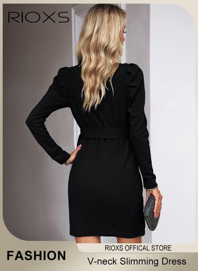 RIOXS Women's V-Neck Slimming Solid Color Wrap Dress With A Belt Long Sleeve Ruffle Shoulders Knee-High Elegant Dress For Work Office Or Official Occasions - Image 2