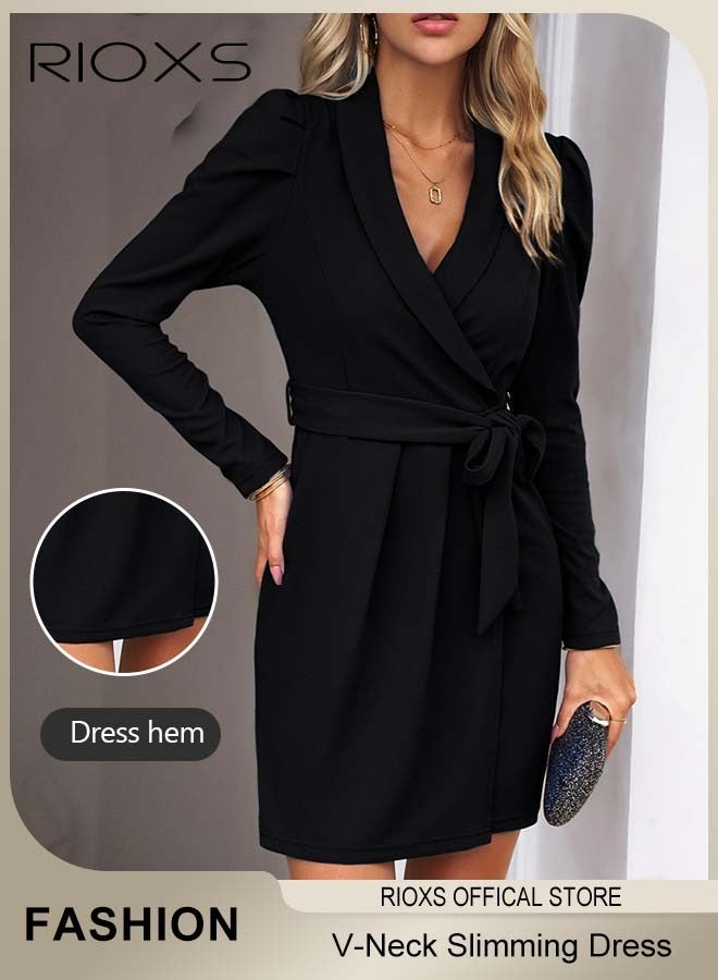 RIOXS Women's V-Neck Slimming Solid Color Wrap Dress With A Belt Long Sleeve Ruffle Shoulders Knee-High Elegant Dress For Work Office Or Official Occasions - Image 5
