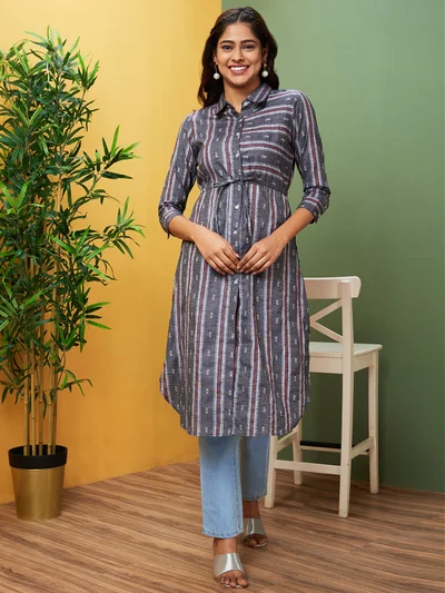 globus Globus Women Striped Printed Cotton Kurta