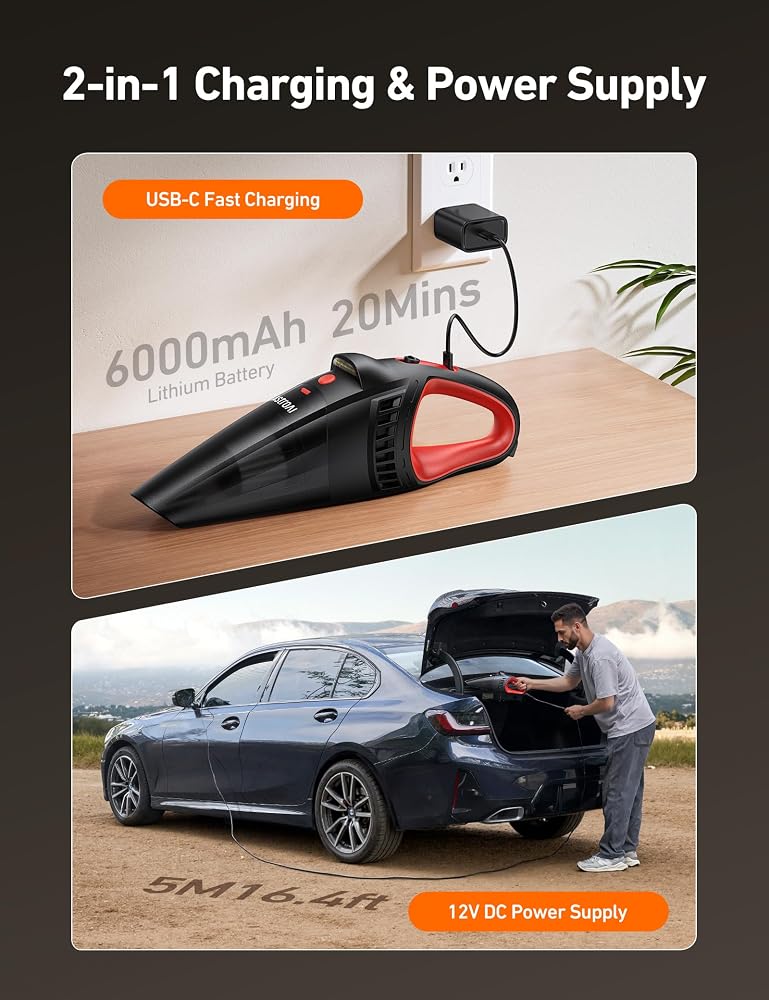 AstroAI Car Vacuum Cleaner Portable Cordless Car vacuum with 12V DC Power handheld vacuum cleaner with LED Light,Brush,Extended Suction Pipe,Hose,Mini Handheld for Car,Home,Office,and Pet Hair, Red - Image 4