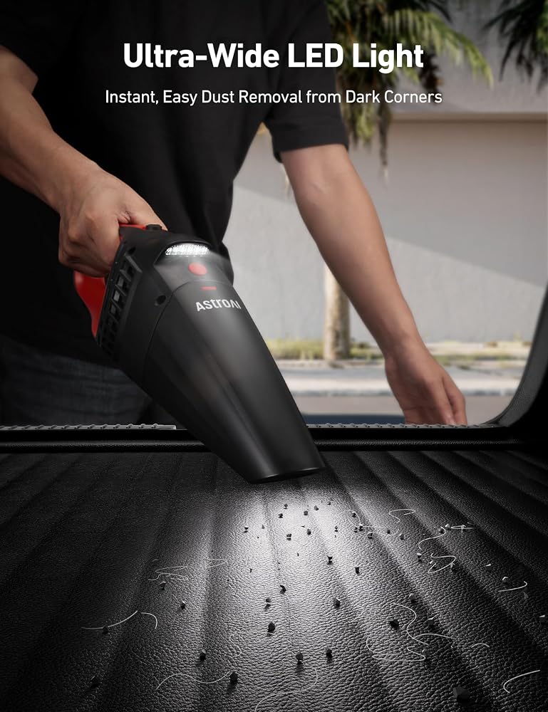 AstroAI Car Vacuum Cleaner Portable Cordless Car vacuum with 12V DC Power handheld vacuum cleaner with LED Light,Brush,Extended Suction Pipe,Hose,Mini Handheld for Car,Home,Office,and Pet Hair, Red - Image 5