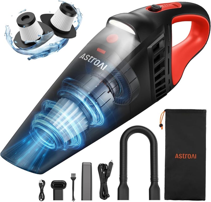 AstroAI Car Vacuum Cleaner Portable Cordless Car vacuum with 12V DC Power handheld vacuum cleaner with LED Light,Brush,Extended Suction Pipe,Hose,Mini Handheld for Car,Home,Office,and Pet Hair, Red - Image 1