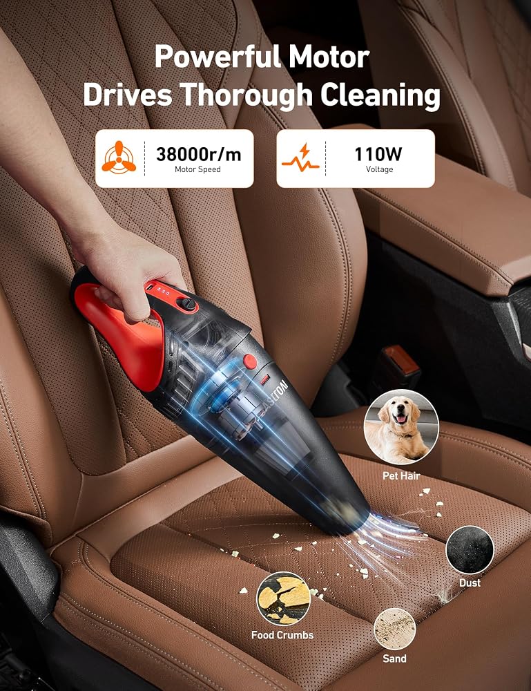 AstroAI Car Vacuum Cleaner Portable Cordless Car vacuum with 12V DC Power handheld vacuum cleaner with LED Light,Brush,Extended Suction Pipe,Hose,Mini Handheld for Car,Home,Office,and Pet Hair, Red - Image 2