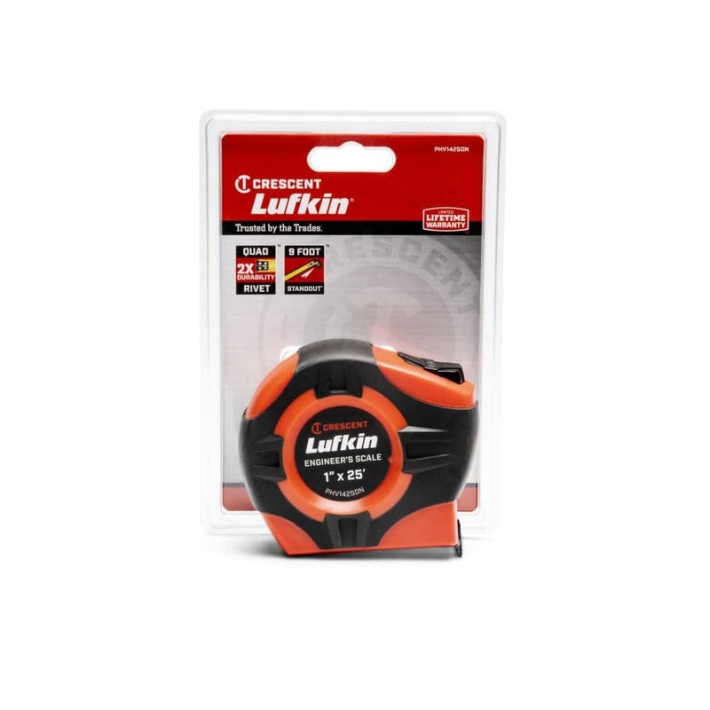 Lufkin Crescent Lufkin 1" x 25' P1000 Series Hi-VizÂ® Orange Engineer's Yellow Clad A4 Blade Power Return Tape Measure - PHV1425DN - Image 3