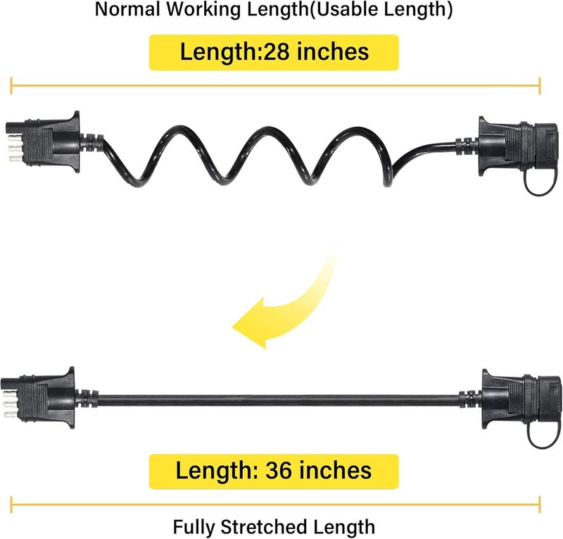 Oyviny 4 Way Flat Trailer Extension Coiled Cable 3 Feet Stretchable 18AWG Vehicle-Side and Trailer-Side 4-Pin Trailer Wiring Harness Pure Copper Wires High Temperature Resistant PU Sheath Protected - Image 2