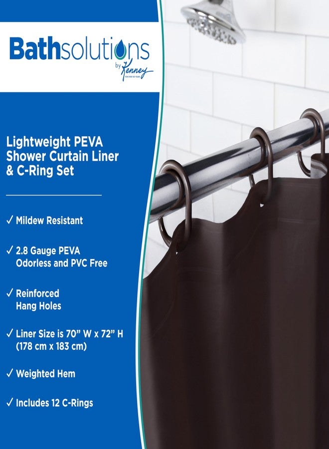 Kenney KN61755 Lightweight 3 Gauge Waterproof PEVA Shower Curtain Liner with Durable Eyelet Hang Holes, Weighted Magnetic Hem, and 12 Piece Plastic C-Ring Set for Bathroom, 70" W x 72" H, Chocolate - Image 2