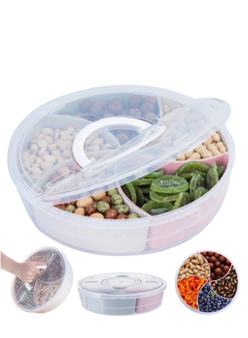 Arabest صينية أدوات مائدة مقسمة دائرية، 5 صناديق مقسمة ملونة، صينية حفلات مقسمة، حاوية تخزين مع غطاء ومقبض، منظم شفاف - Image 1