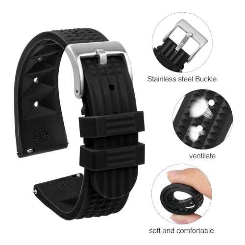 watchdives Rubber Waffle Watch Band, Fast Release Soft Rubber Watch Strap Waterproof Replacement Watchbands with Two Fixing Loops for Men & Women (Black-Fast Release, 22mm) - Image 3