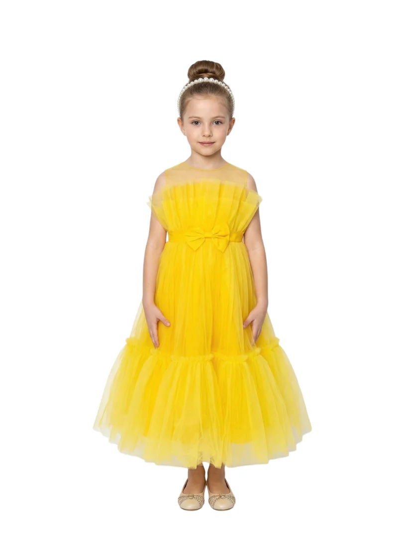 Bidani Yellow Tiered Tulle Party Dress with  Bow Accent