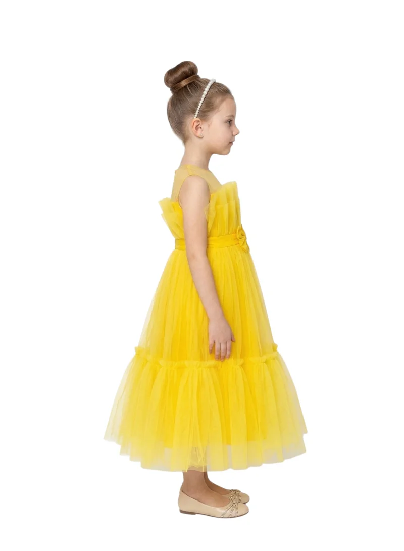 Bidani Yellow Tiered Tulle Party Dress with  Bow Accent