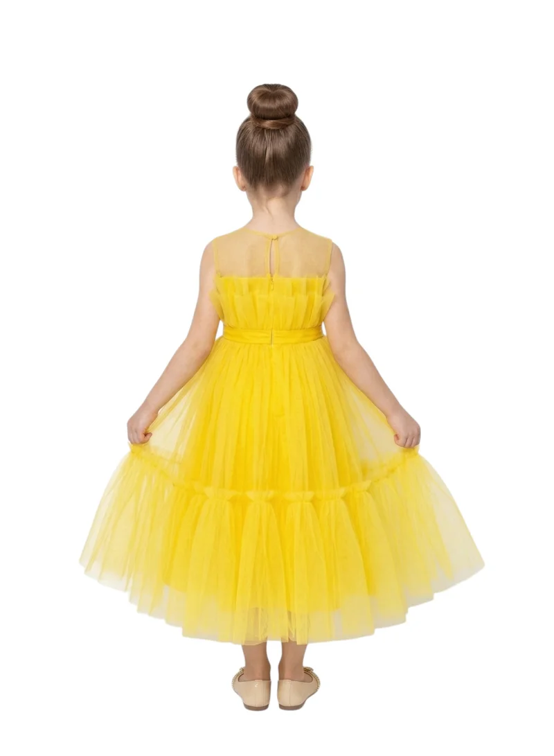 Bidani  Yellow Tiered Tulle Party Dress with  Bow Accent for Women | Best Price UAE