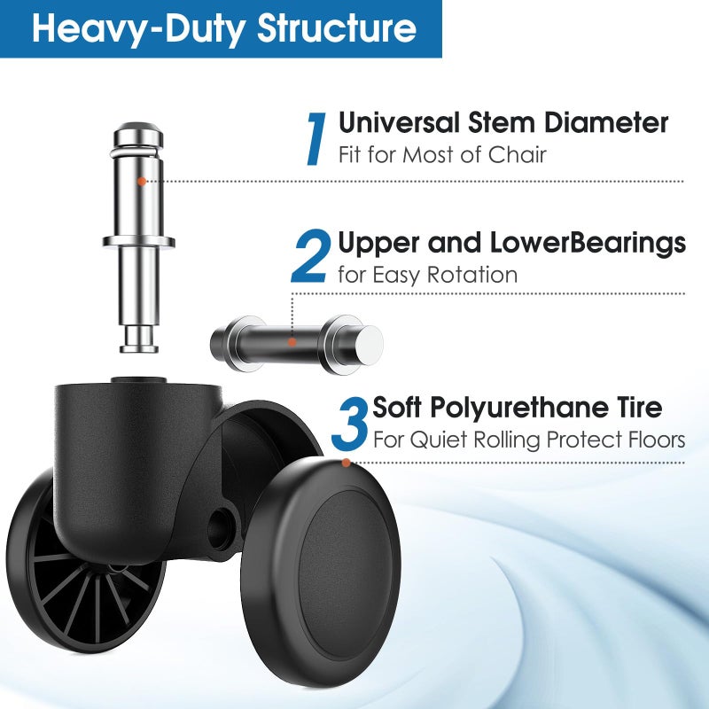 MaxGear 2" Office Chair Wheels Heavy Duty Replacement, Mute Rubber Rotating Desk Chair Caster Wheels, Safe for All Floors Including Hardwood, Only Fits 11mm Stem, NOT for 10mm or IKEA Chairs, Set of 5 - Image 3