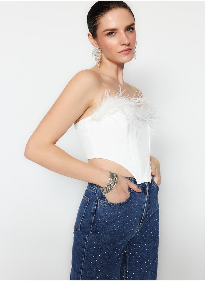 trendyol Bridal White Crop Lined Woven Bustier TPRSS22BS00018  - Image 3