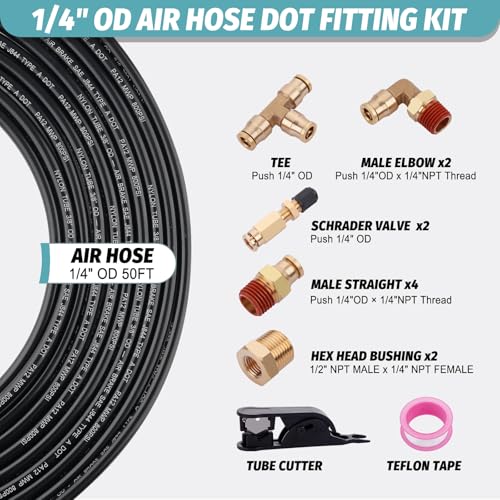 Boeray 50FT 1/4 Air Hose Brass Fittings Kit 11pcs 1/4" OD Quick Push to Connect DOT Brass Fittings 1/4 SAE J844 PA12 Nylon Air Line Tubing with Cutter for Air Suspension Kit Truck Trailer Brake System - Image 2