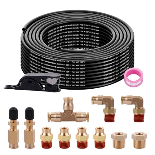 Boeray 50FT 1/4 Air Hose Brass Fittings Kit 11pcs 1/4" OD Quick Push to Connect DOT Brass Fittings 1/4 SAE J844 PA12 Nylon Air Line Tubing with Cutter for Air Suspension Kit Truck Trailer Brake System - Image 1