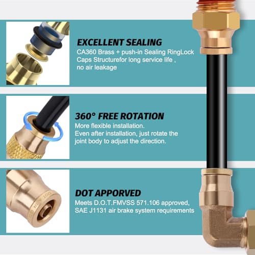 Boeray 50FT 1/4 Air Hose Brass Fittings Kit 11pcs 1/4" OD Quick Push to Connect DOT Brass Fittings 1/4 SAE J844 PA12 Nylon Air Line Tubing with Cutter for Air Suspension Kit Truck Trailer Brake System - Image 5