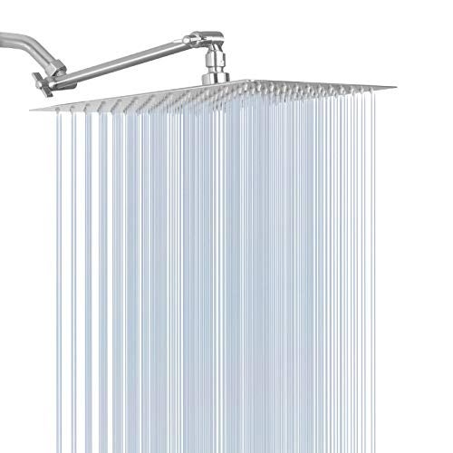 HarJue High Pressure Large Stainless Steel Square Rain ShowerHead With Shower Arm Waterfall Full Body Coverage Easy to Clean and Install (12 Inch With Arm, Brushed Nickel) - Image 1