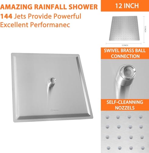 HarJue High Pressure Large Stainless Steel Square Rain ShowerHead With Shower Arm Waterfall Full Body Coverage Easy to Clean and Install (12 Inch With Arm, Brushed Nickel) - Image 2