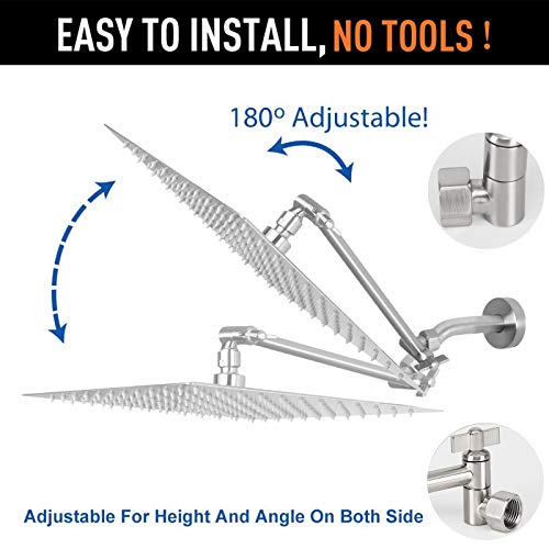 HarJue High Pressure Large Stainless Steel Square Rain ShowerHead With Shower Arm Waterfall Full Body Coverage Easy to Clean and Install (12 Inch With Arm, Brushed Nickel) - Image 5