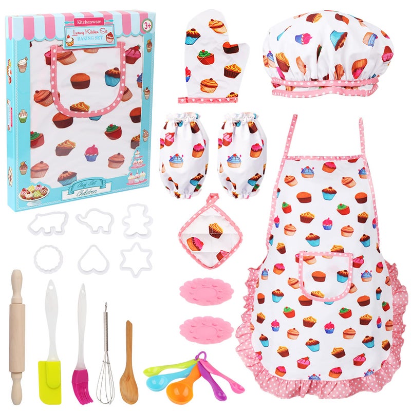 Vanmor Cute Kids Cooking and Baking Sets, 24 Pcs Kids Aprons for Girls Toddler Chef Hat Apron Dress Up Chef Costume, Little Girl Apron Sets Pretend Gifts for 3 4 5 6 7 8 Years Old Girls - Image 1