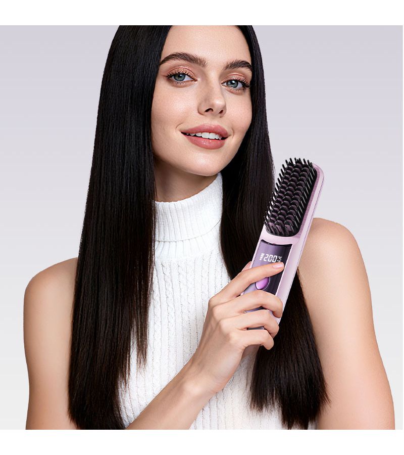 White Portable Cordless Hair Straightening Brush 20s Fast Heat Up 3 Temperature Settings LCD Screen 3D Anti Scald Comb Type C Charging 2600mAh Battery for Home Travel Styling - Image 3