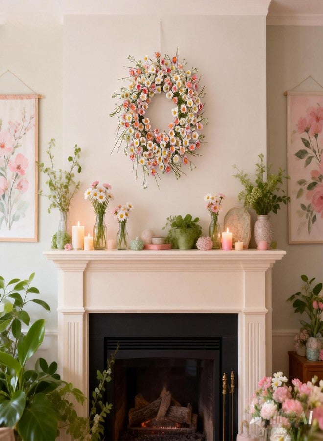 Egolot 24 Inch Spring Wreaths for Front Door - Artificial Flower Wreath with Baby Pink & Cream Daisy, Summer Floral Wreath for Front Door, Farmhouse Spring Door Wreath for Indoor Outdoor Home Decor - Image 3