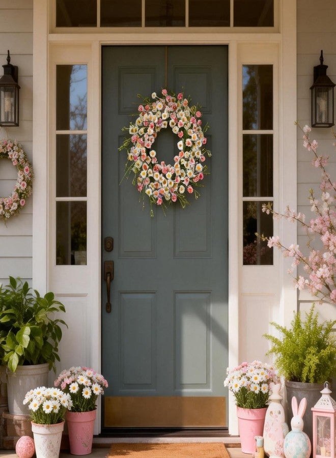Egolot 24 Inch Spring Wreaths for Front Door - Artificial Flower Wreath with Baby Pink & Cream Daisy, Summer Floral Wreath for Front Door, Farmhouse Spring Door Wreath for Indoor Outdoor Home Decor - Image 4