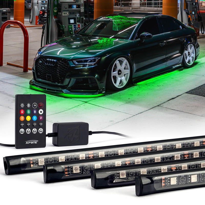 Xprite Car Underglow Neon Accent Strip Lights 4 Pcs RGB 252 LEDs Underglow Kit with Sound Active Function Music Mode Wireless Remote Exterior Car Lights Underbody Lighting for Truck SUV Van
