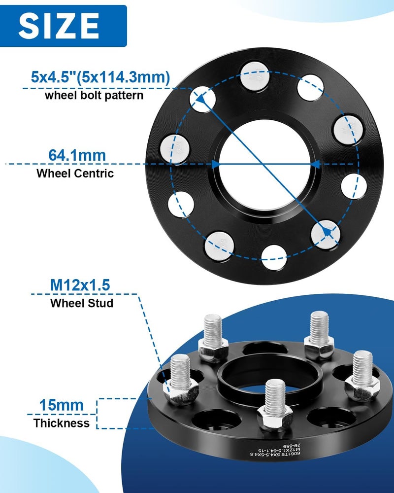 EZISOE 15mm 5x4.5 Hub Centric Wheel Spacers with 12x1.5 Studs, 5x114.3 Forged Wheel spacers for Accord Civic CRV RSX TLX CDX CSX ILX TSX 64.1mm - Image 2