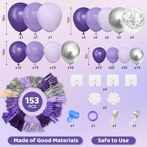 Amandir 153pcs Purple Balloon Garland Arch Kit Different Sizes 18 12 10 5 inch Lavender Latex Metallic Confetti Silver Balloons for Girls Women Wedding Birthday Baby Shower Party Decorations Supplies - Image 5