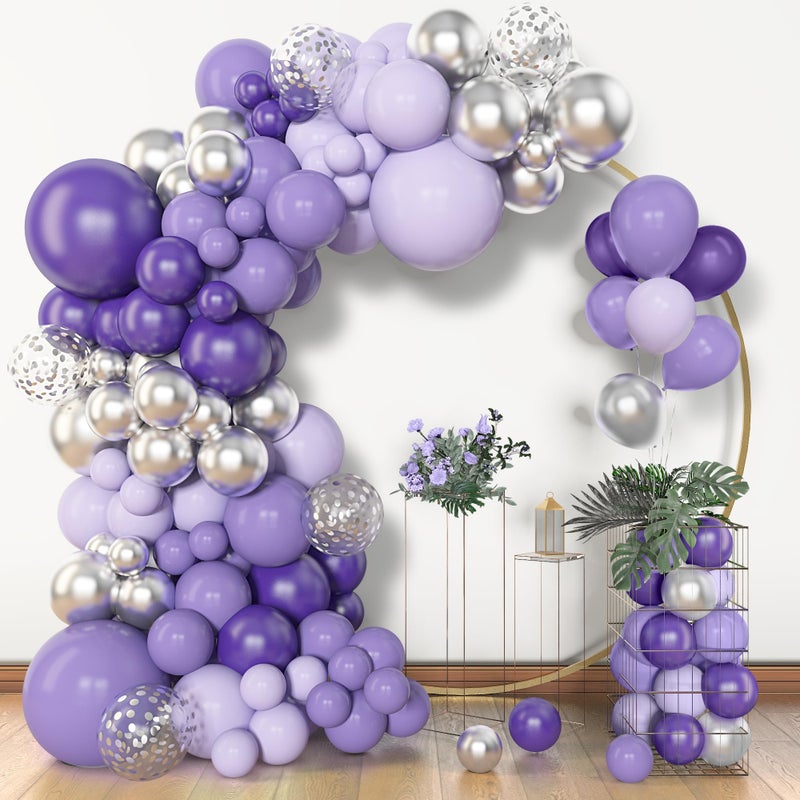 Amandir 153pcs Purple Balloon Garland Arch Kit Different Sizes 18 12 10 5 inch Lavender Latex Metallic Confetti Silver Balloons for Girls Women Wedding Birthday Baby Shower Party Decorations Supplies - Image 3
