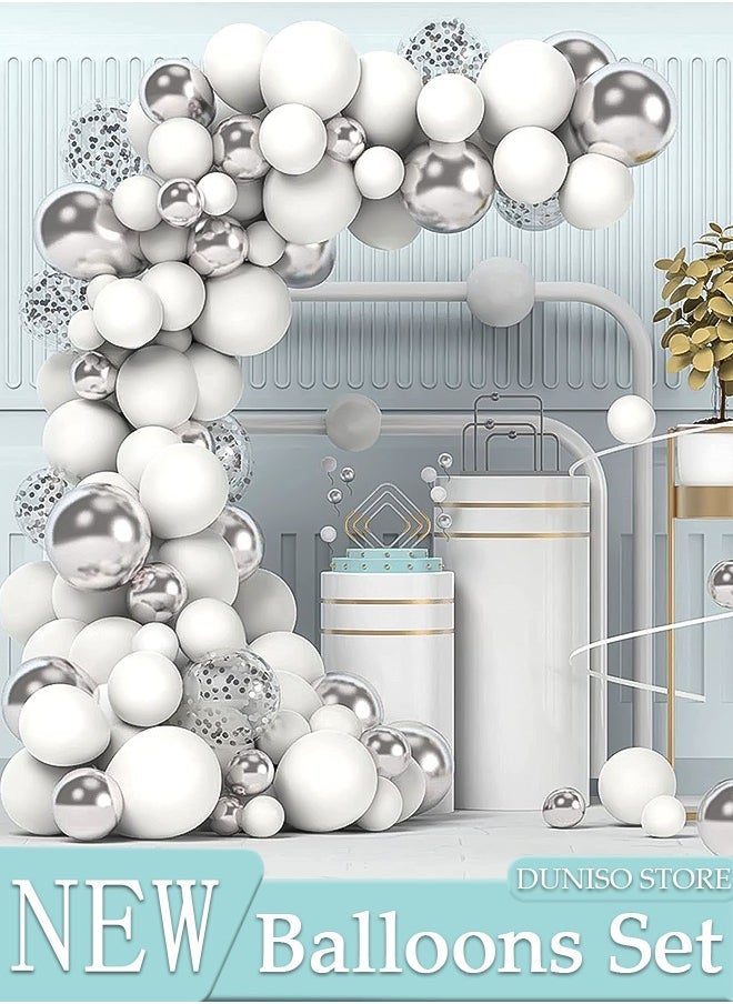 DUNISO Balloons Garland Arch Kit 112 Pcs 5/10/12/18 Inch Silver and White Latex Balloons Set For Baby Shower Wedding Birthday Party Background Decorations School Opening Ceremony - Image 1