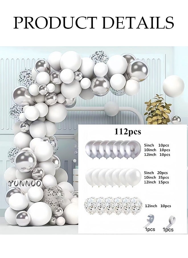 DUNISO Balloons Garland Arch Kit 112 Pcs 5/10/12/18 Inch Silver and White Latex Balloons Set For Baby Shower Wedding Birthday Party Background Decorations School Opening Ceremony - Image 2