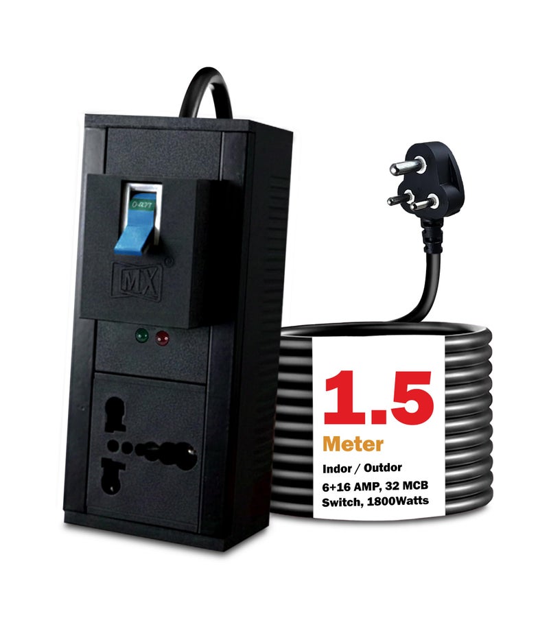MX Single Socket Extension Board 16amp to 5amp Plug 1.5 Meter Heavy Duty Power Cord (1800W) | 16A 3-Pin Plug Socket | 32A MCB Switch | AC Line Fault Detector | Flame Retardant | Child Safety Shutter - Image 1