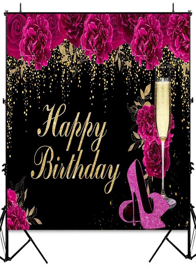 Sensfun 7x5ft Floral Hot Pink Birthday Backdrop Magenta Flowers High Heels Party Photo Background Glitter Women 30th 40th 50th 60th Birthday Decorations Banner Cake Table Party Supplies - Image 4