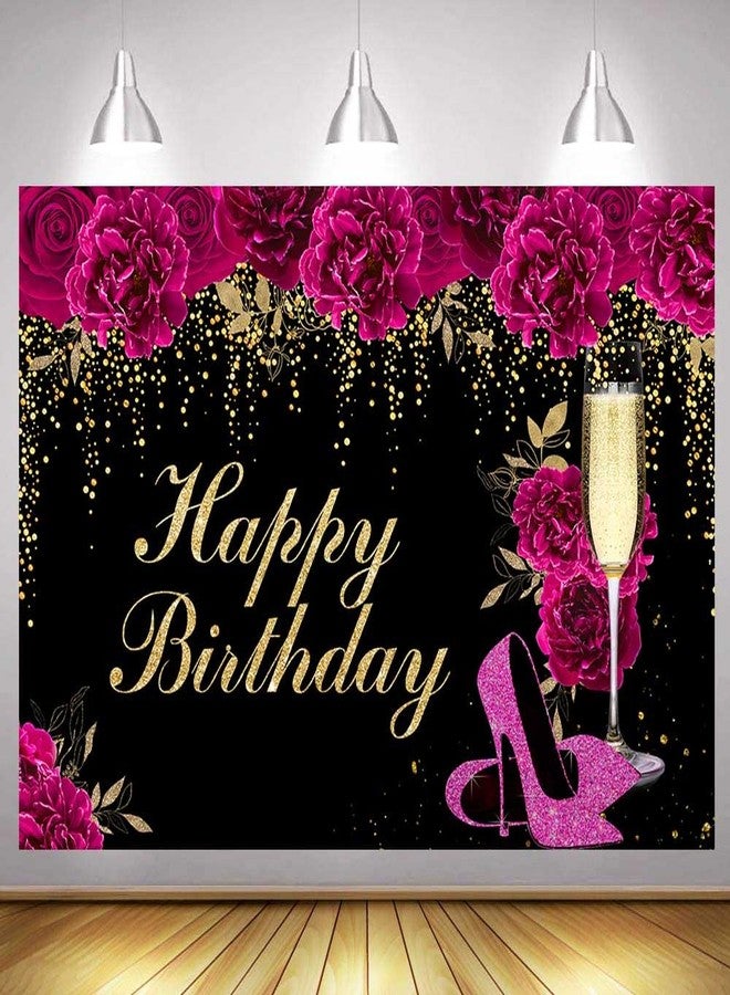 Sensfun 7x5ft Floral Hot Pink Birthday Backdrop Magenta Flowers High Heels Party Photo Background Glitter Women 30th 40th 50th 60th Birthday Decorations Banner Cake Table Party Supplies - Image 3